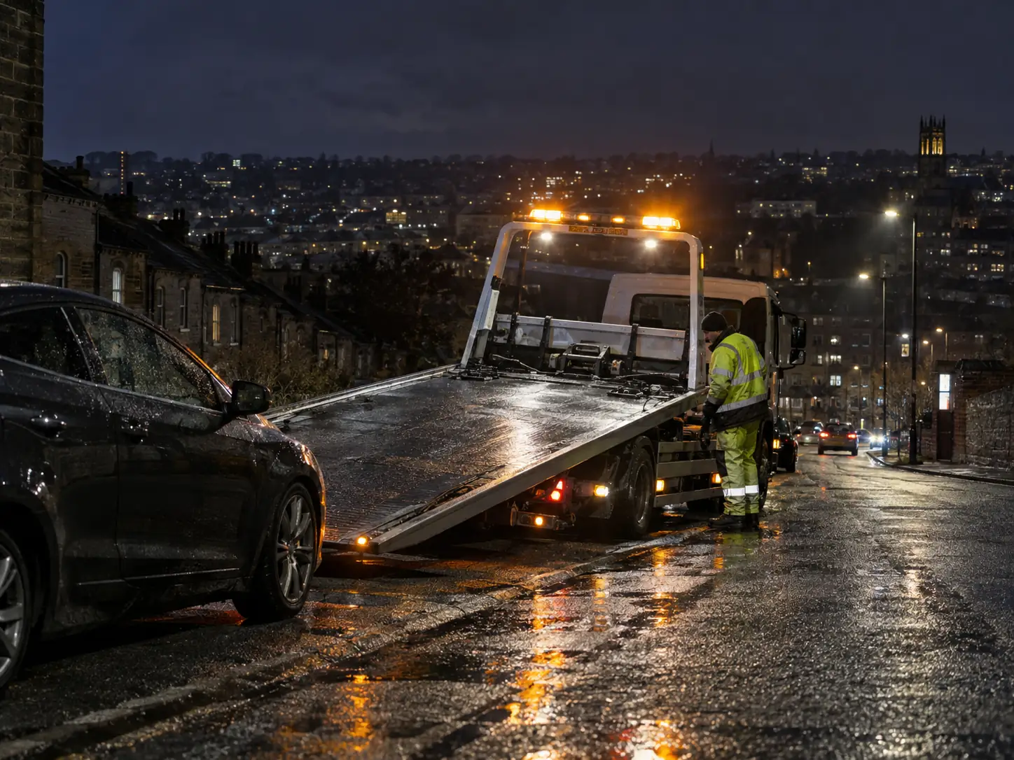 SafeRide recovery operator beside a tilt-slide flatbed truck on a wet road at night