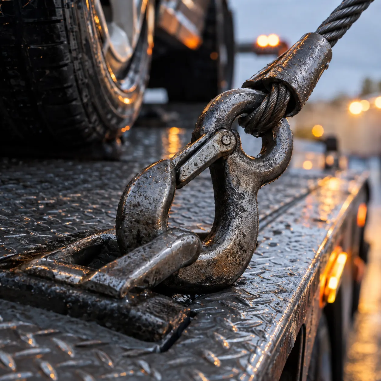 Heavy-duty steel recovery hook locked onto a flatbed deck