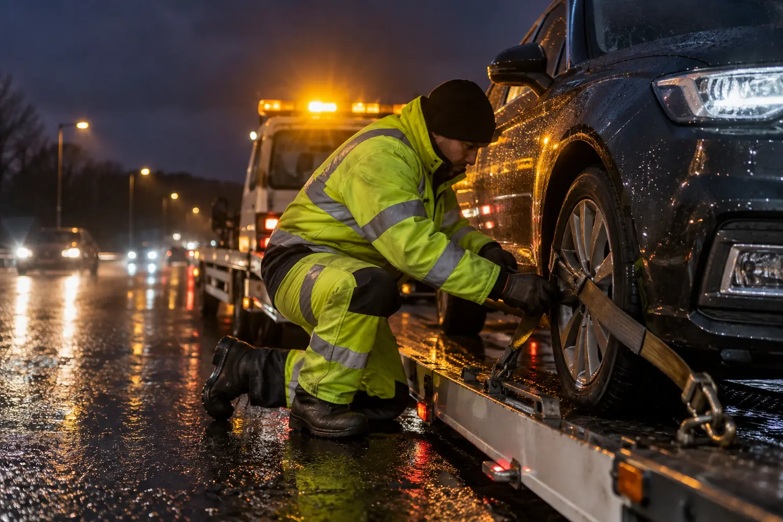 Night recovery operative securing a car wheel on a wet highway