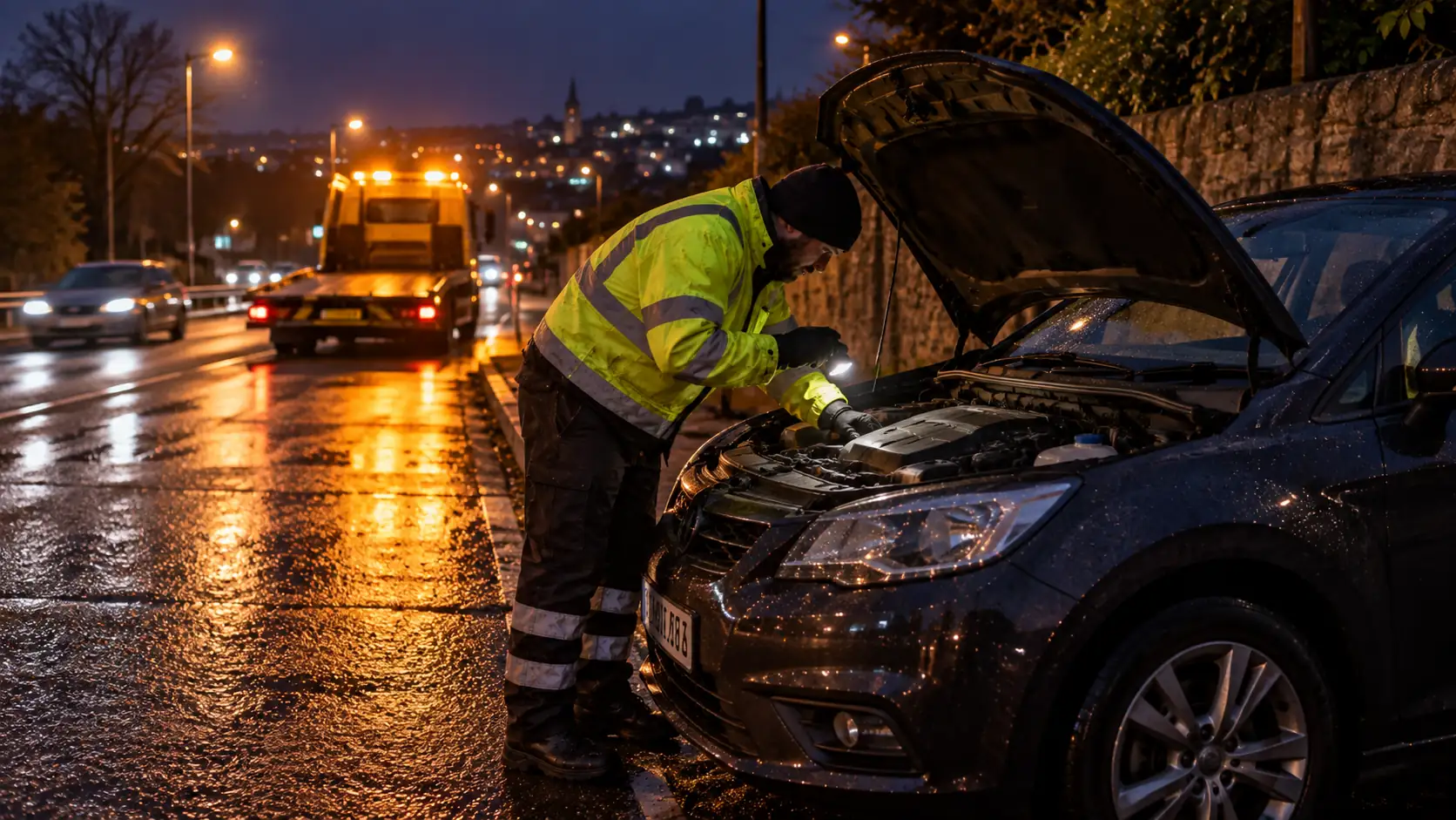 Roadside recovery operator inspecting an immobilized car at night