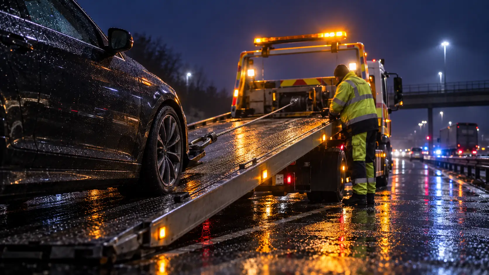 Car being winched onto a specialized tilt-slide recovery flatbed truck at night