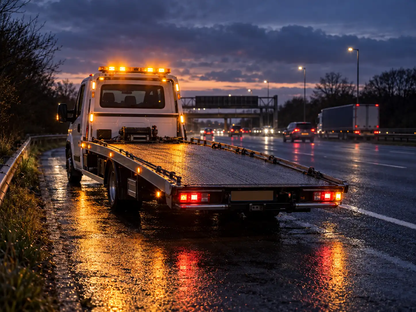 SafeRide 24h Recovery flatbed truck stationed on a British highway at twilight