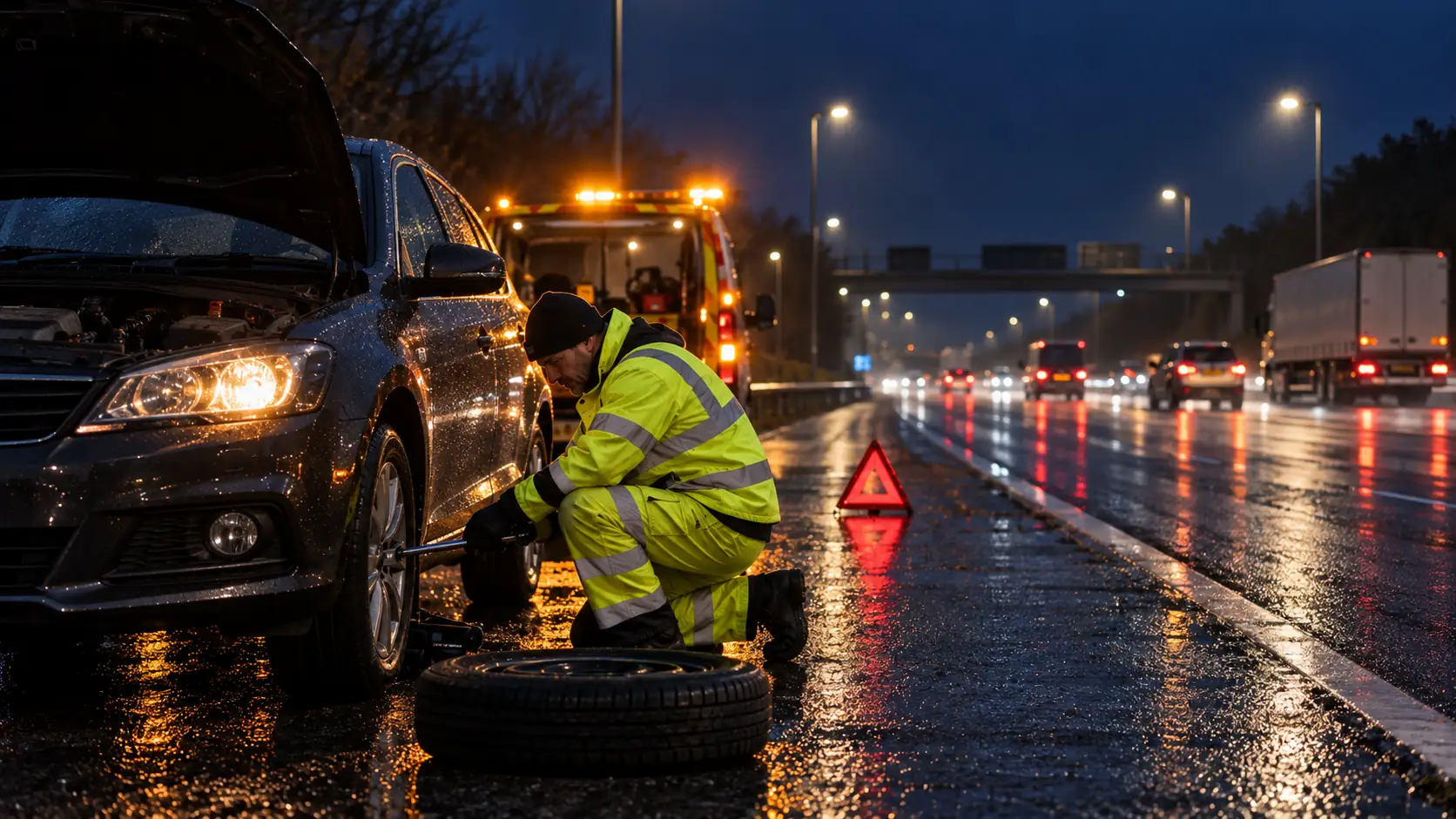 Roadside mechanic attending to a car on wet tarmac at night