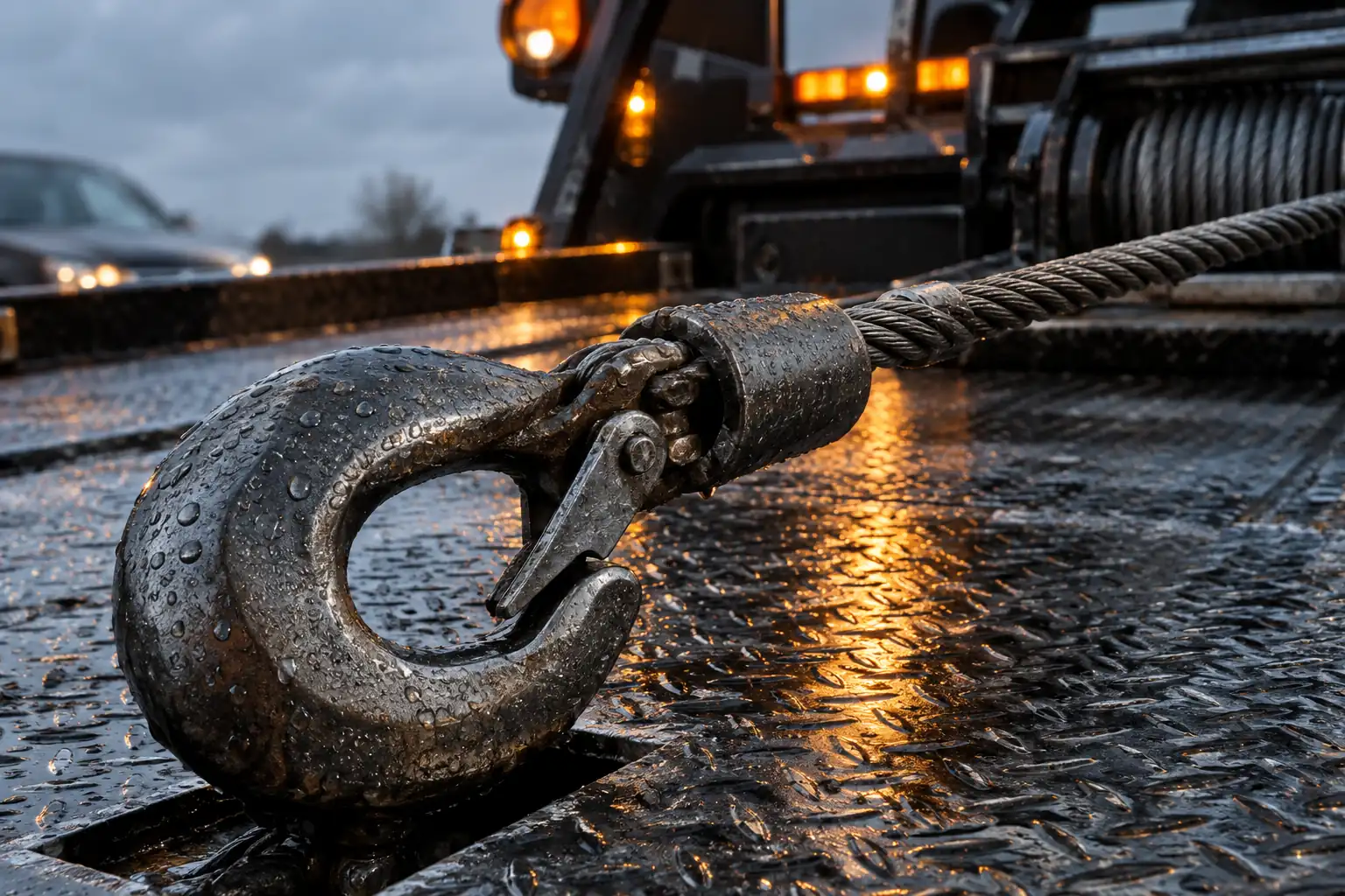 Close-up of a heavy-duty steel recovery winch hook