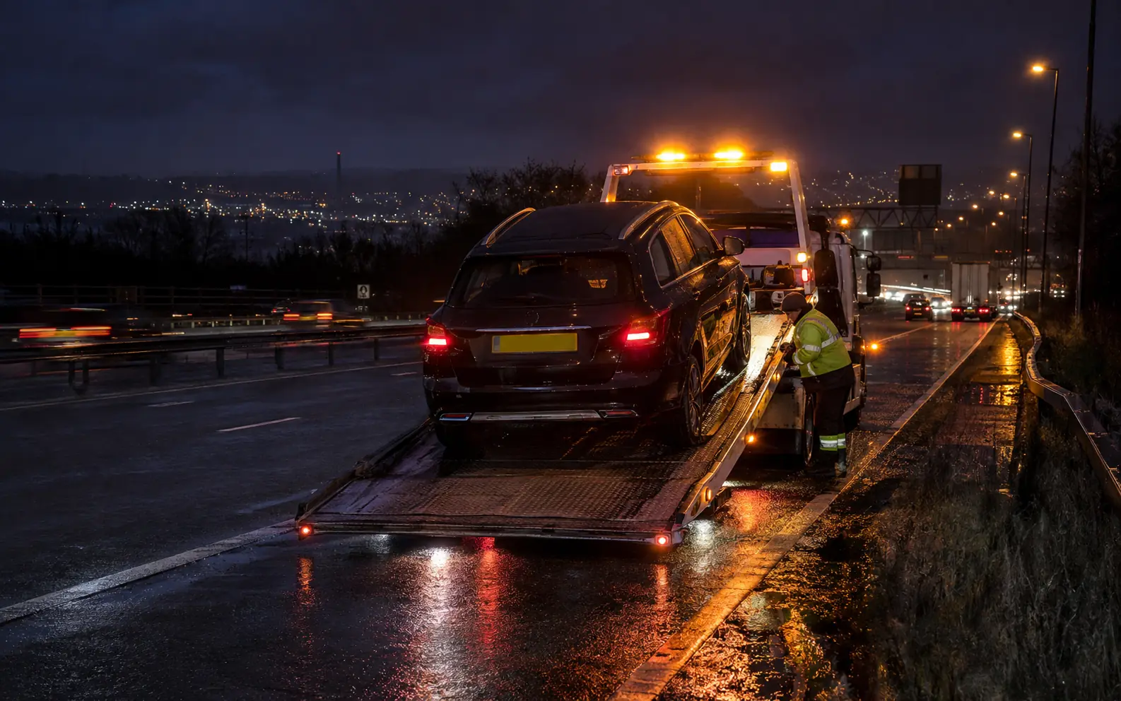 SafeRide hydraulic rollback recovery truck responding to a night breakdown