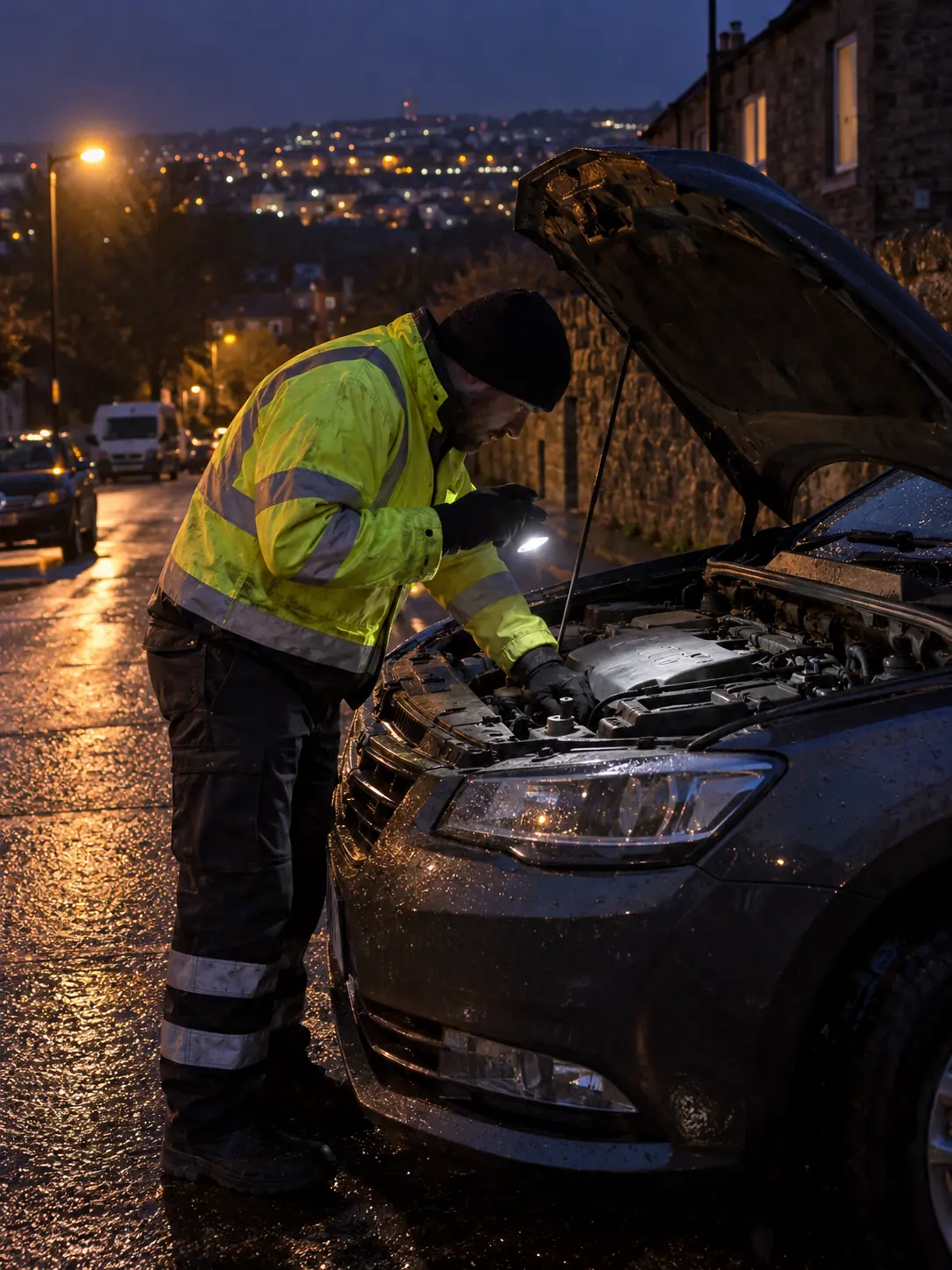 Breakdown recovery technician diagnosing a vehicle at night