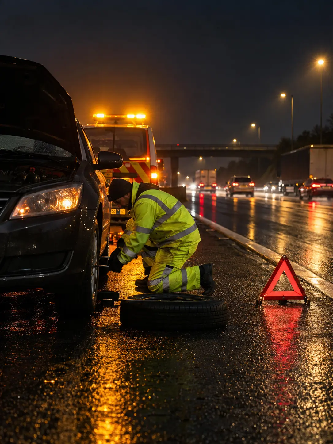 Roadside assistance technician on the hard shoulder at night